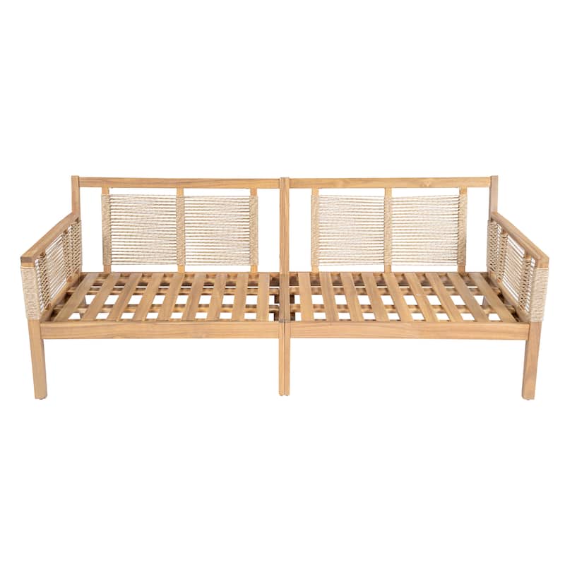 Roomfitters 3-Seater Outdoor Patio Sofa, Modern Wood Couch with Upholstered Cushions and Horizontal Rope Weave, Teak+ Beige