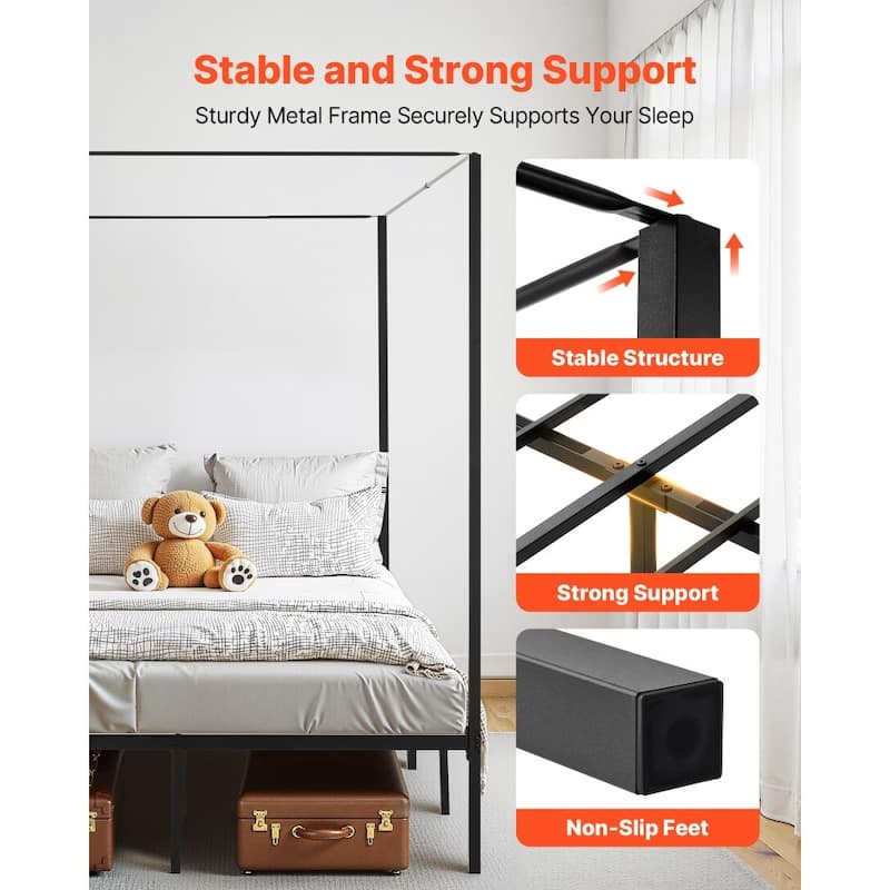 Modern Black Metal Canopy Bed Frame with 12.4 Inch Storage Clearance and Strong Weight Support