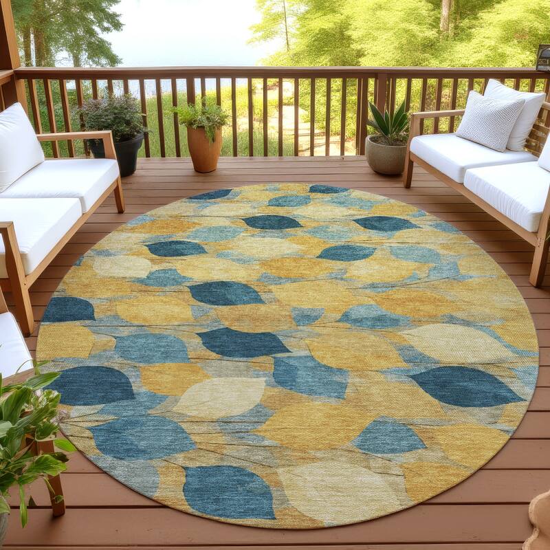 Machine Washable Indoor/ Outdoor Floral Mila Chantille Rug - Gold - 8' x 8'