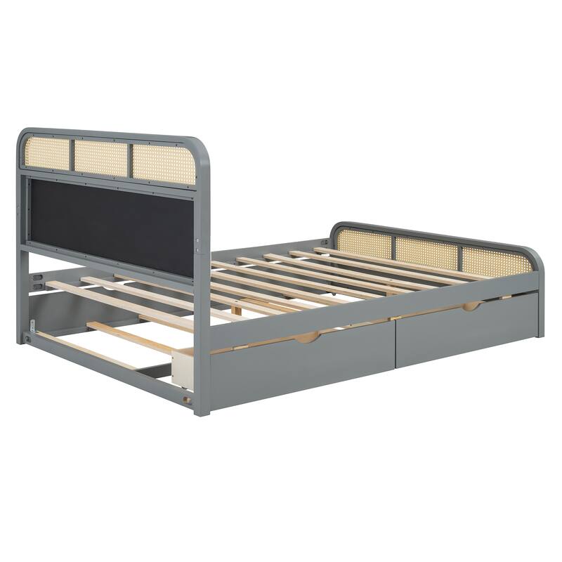 Rattan Platform Bed Queen Wooden Bed Frame with Twin Trundle and 2 Drawers, Headboard with Padded Cushion Mattress Not Included