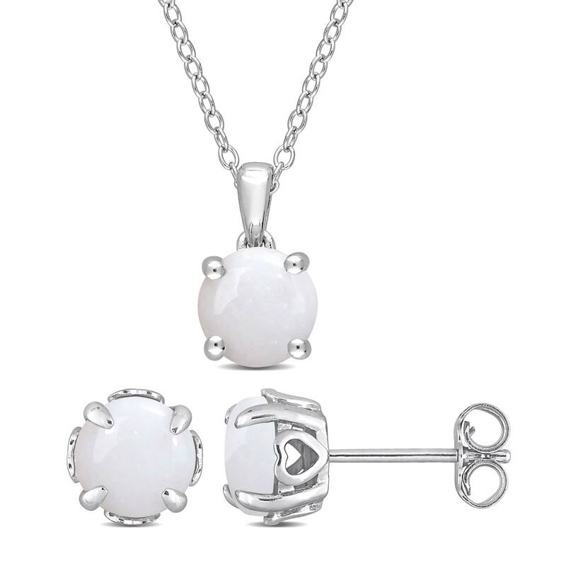 Miadora Opal Two Piece Solitaire Necklace and Earrings Set in Sterling Silver