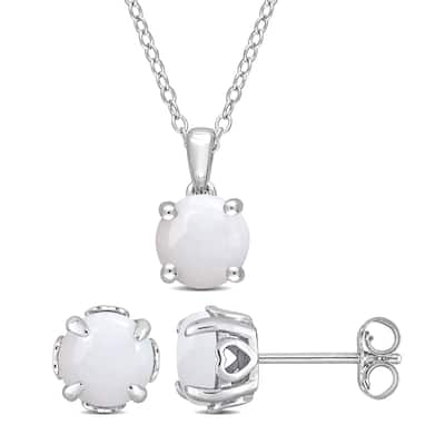 Miadora Opal Two Piece Solitaire Necklace and Earrings Set in Sterling Silver