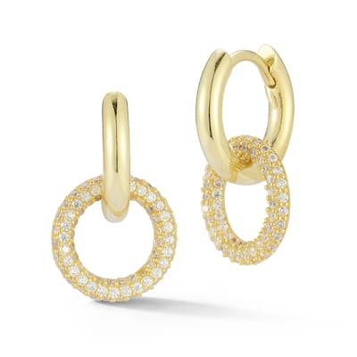 Soleil Sterling Silver Cubic Zirconia Round Pave Link Huggie Earrings
