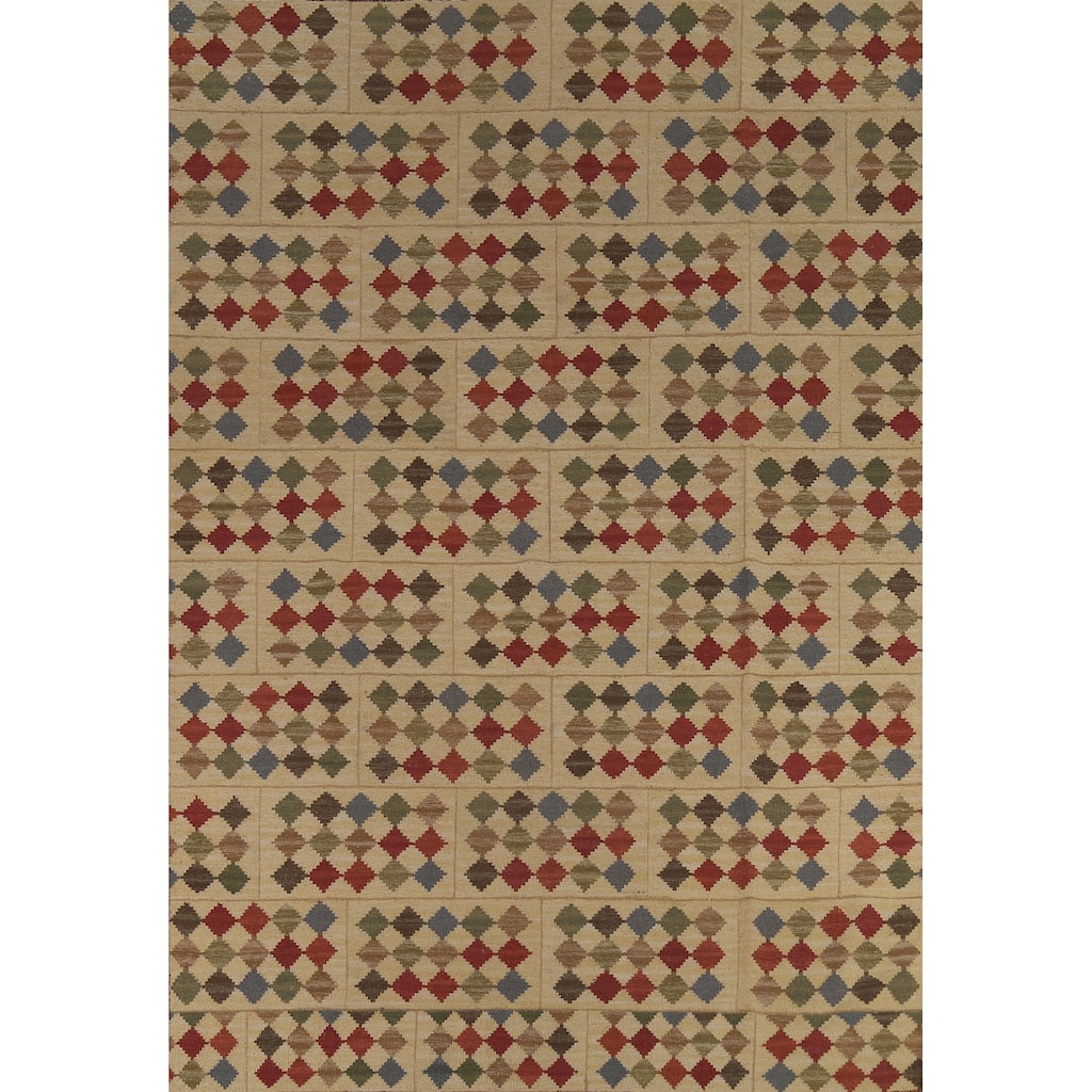 Geometric Kilim Oriental Area Rug Flatweave Beige / Ivory Wool Carpet - 7'8"x 10'0"