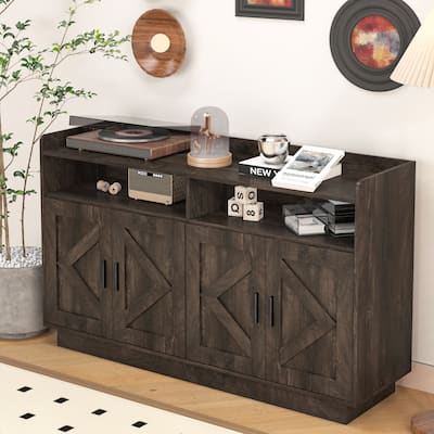 Brown Dresser Cabinet with Unique Door Design and Gold Accents