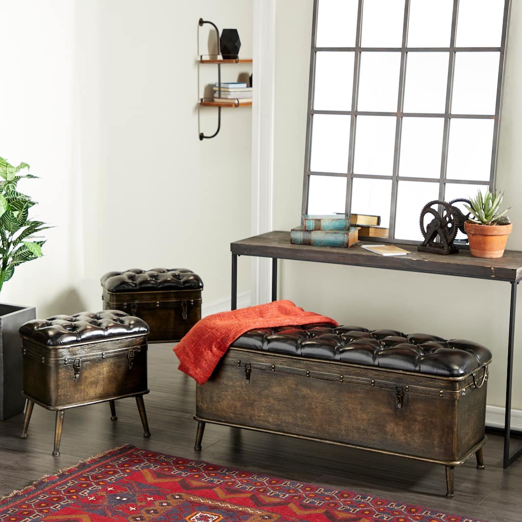 Bronze Metal Weathered Room Storage Bench with Dark Brown Tufted Faux Leather (Set of 3)