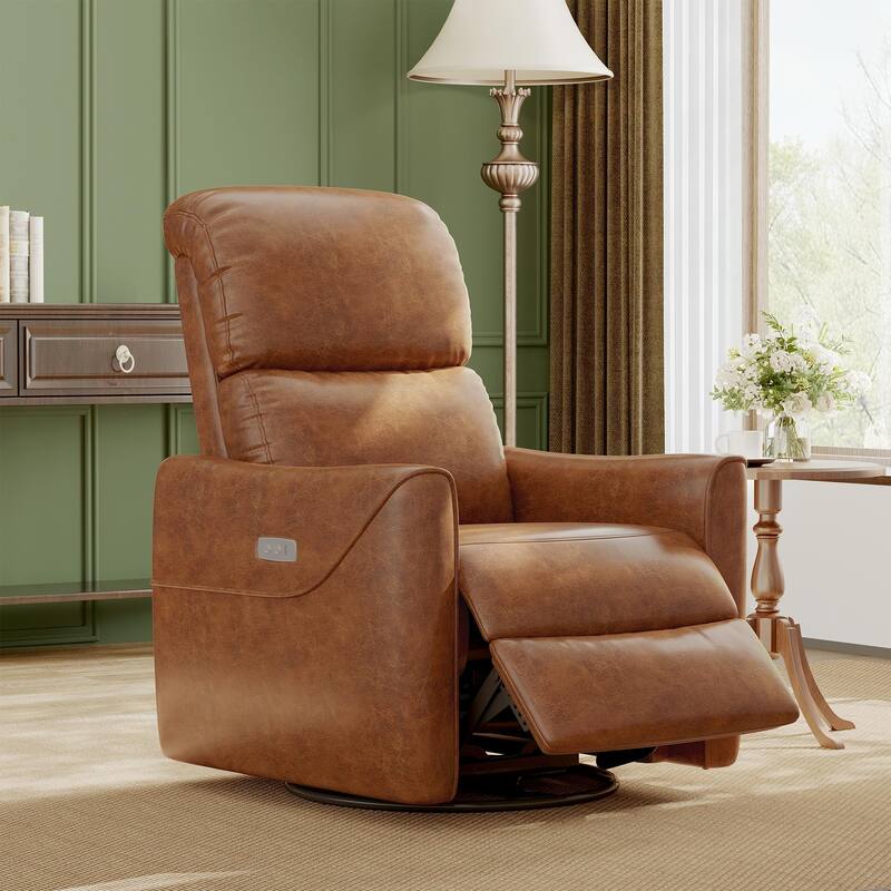linen Power Swivel Glider Recliner Chair Electric Rocker Recliner Chair with Lumbar Support & USB Port - Brown