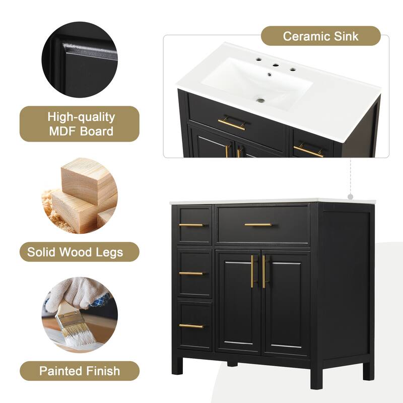 Contemporary 36" Bathroom Vanity with Sink Top,Cabinet with Two Doors and Three Drawers