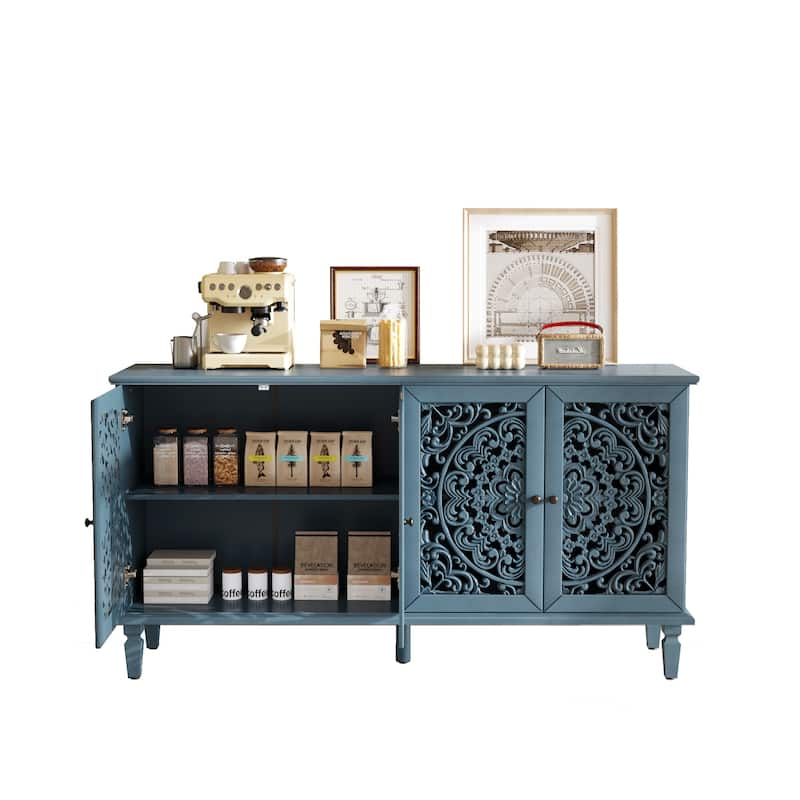 Antique Buffet Cabinet, 60" Accent Storage Cabinet Entryway Console with Floral Carvings, Wood Legs, Adjustable Shelves聽