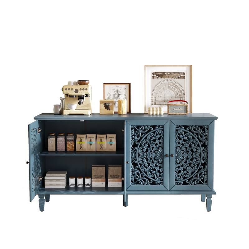 GDFStudio - 60" Antique Buffet Cabinet with Floral Carvings, Solid Wood Legs, Brass Handles & Adjustable Shelves