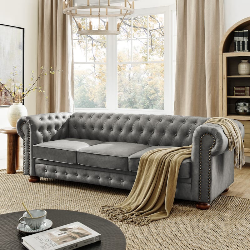 Roomfitters Chesterfield Tufted Linen Upholstered 3-Seater Sofa with Scrolled Arms and Nailhead Trim