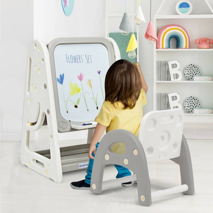 2 in 1 Kids Easel Desk Chair Set Book Rack Adjustable Art Painting Board - 25'' x 21'' x 30'' – 39'' (L x W x H)