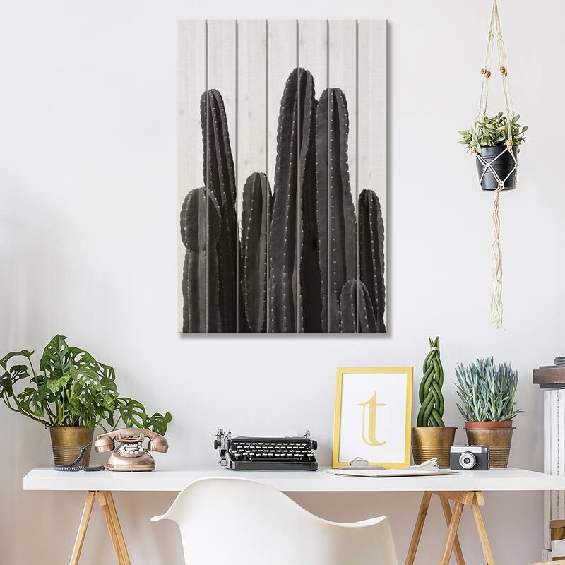 Cactus I B&W Print On Wood by Orara Studio - Multi-Color
