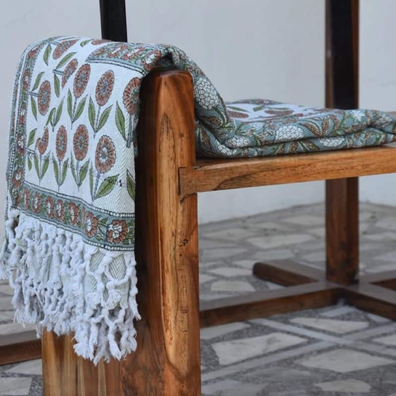 Fabdivine Meraki Handcrafted Cotton Bed Throw - Traditional Block Print Blanket for Bedroom & Living Spaces with Fringe, 90"x54"