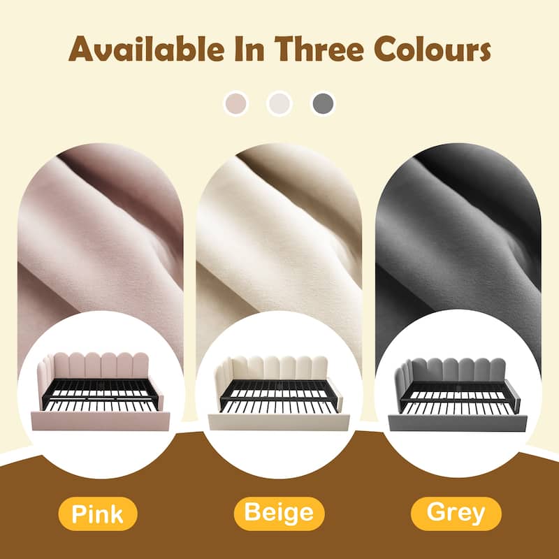 Twin Upholstered Daybed with Pull-Out Trundle, Velvet Sofa Bed for Small Spaces, Guest Bed with Metal Slatted Frame