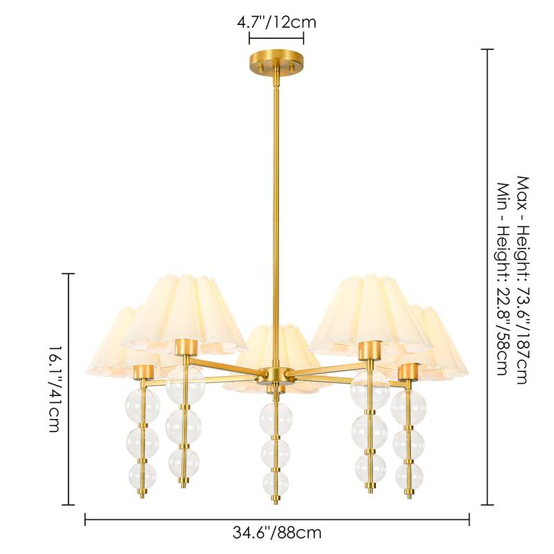 Rennnsan 5-Light 35 in. Transitional Gold Chandelier with Clear Glass Orbs and Fabric Shades - 34.6 in. Dia x 16.1 in. H