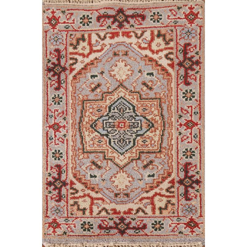 Geometric Grey Heriz Serapi Indian Rug Hand-Knotted Wool Carpet - 2'0"x 3'0"