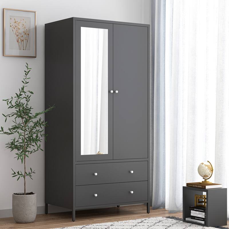 Metal Armoire Wardrobe Closet with 2 Drawers,Mirror Door and Hanging Rod - Grey