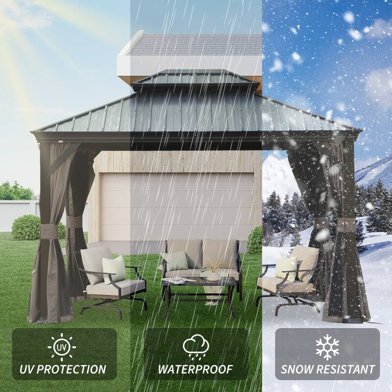 10' x 12' Hardtop Gazebo with Drainage System, Galvanized Steel Roof, Curtains, and Netting for Outdoor Use