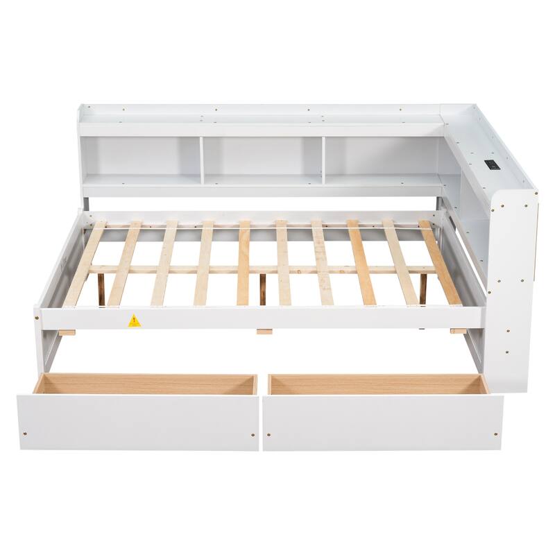 Corner Daybed Bookcases Bed with Power Outlets and Charging Ports, L-Shaped Storage Bed Frame Captains Bed with 2 Drawers