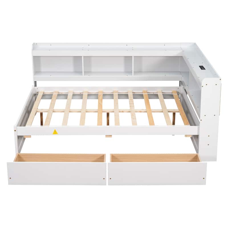 L-shaped Bookcases Bed Captains Bed with Power Outlets, USB,2 Drawers