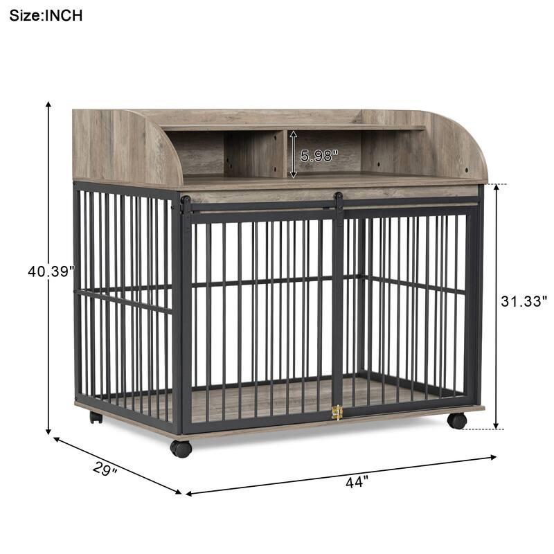 Duty Large Dog Crate Furniture with Sliding Door and Lockable Wheels, End Table Crate with Double Layer Storage