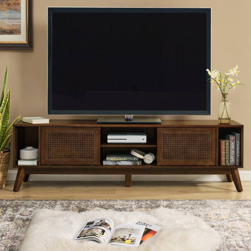 Charming Mid Century Rattan TV Stand with Solid Wood Feet and Versatile Storage