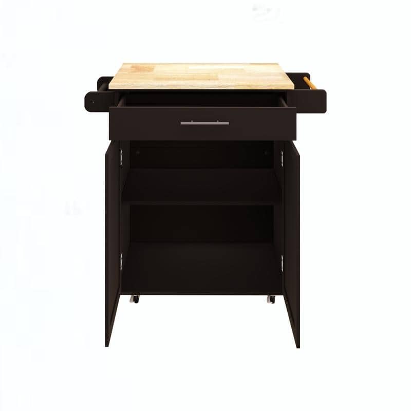 Black Rubber Wood Kitchen Island Cart with Drawer, Adjustable Shelves & Racks