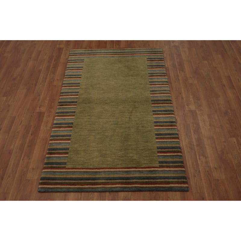 Hand Knotted Oriental 100% Wool Carpet Modern Geometric Green Gabbeh Area Rug - 5' 7'' X 3' 5''