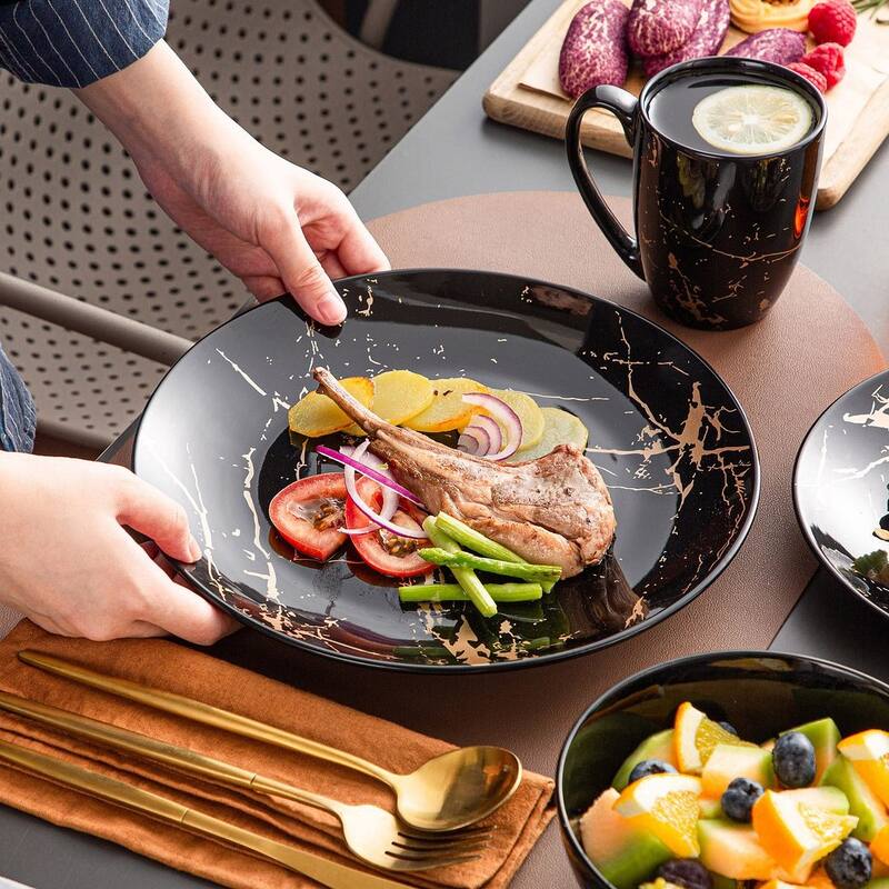 LOVECASA 16-Piece Porcelain Color Glaze with Gold Dinnerware Set