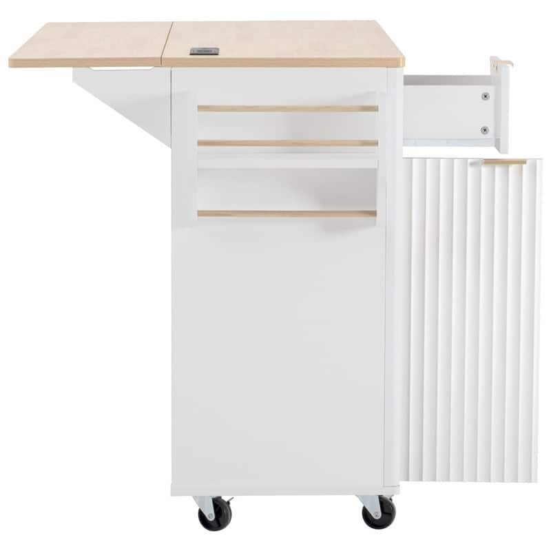 Fluted 55.5" Kitchen Island with Drop Leaf, Rolling Island Table with Drawers, Power Outlet for Functional Kitchen Organization