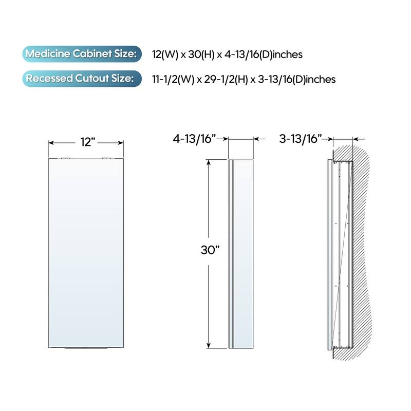 Recessed or Surface Wall Mount Bathroom Medicine Cabinet With Adjustable Glass Shelves
