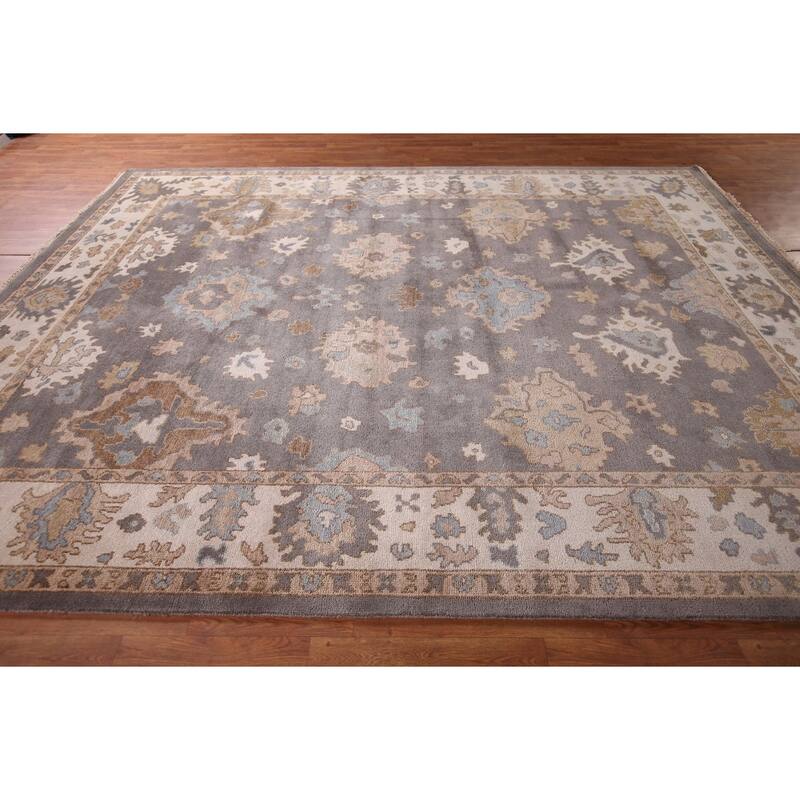 Gray Oushak Oriental Area Rug Handmade Transitional Wool Carpet - 9'2" x 11'9"