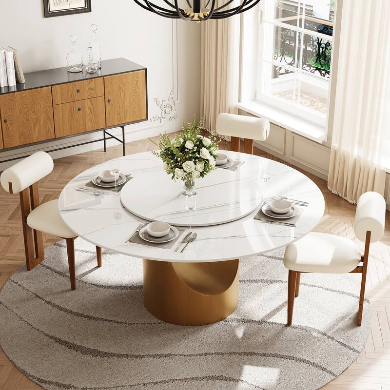 51 &59" Modern Round Dining Table for Diningroom，White Glossy Stone Tabletop,Bronze Carbon Pedestal
