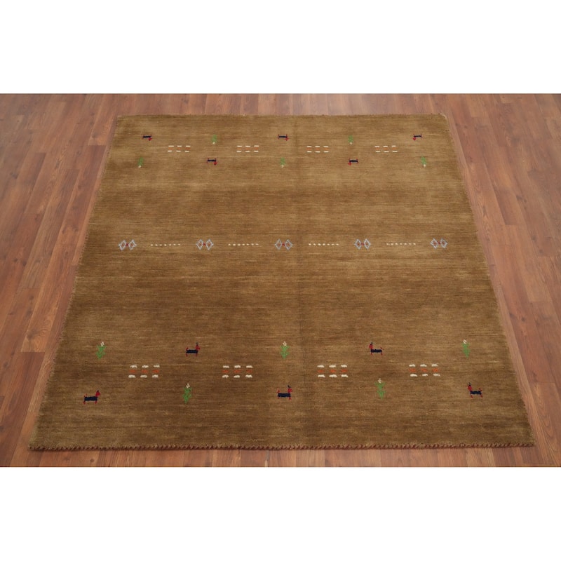 Hand Knotted Oriental 100% Wool Carpet Tribal Animal Pictorial Brown Gabbeh Area Rug - 4' 11'' X 5' 0''