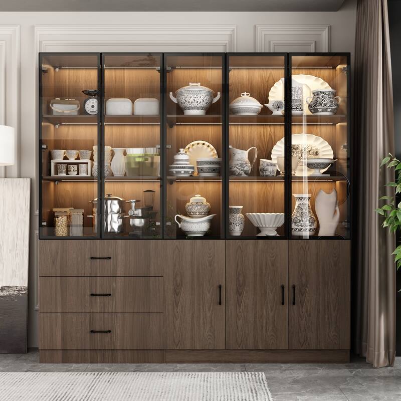 LED-Lit Wood Grain Cabinet - Configurable Storage for Home or Office