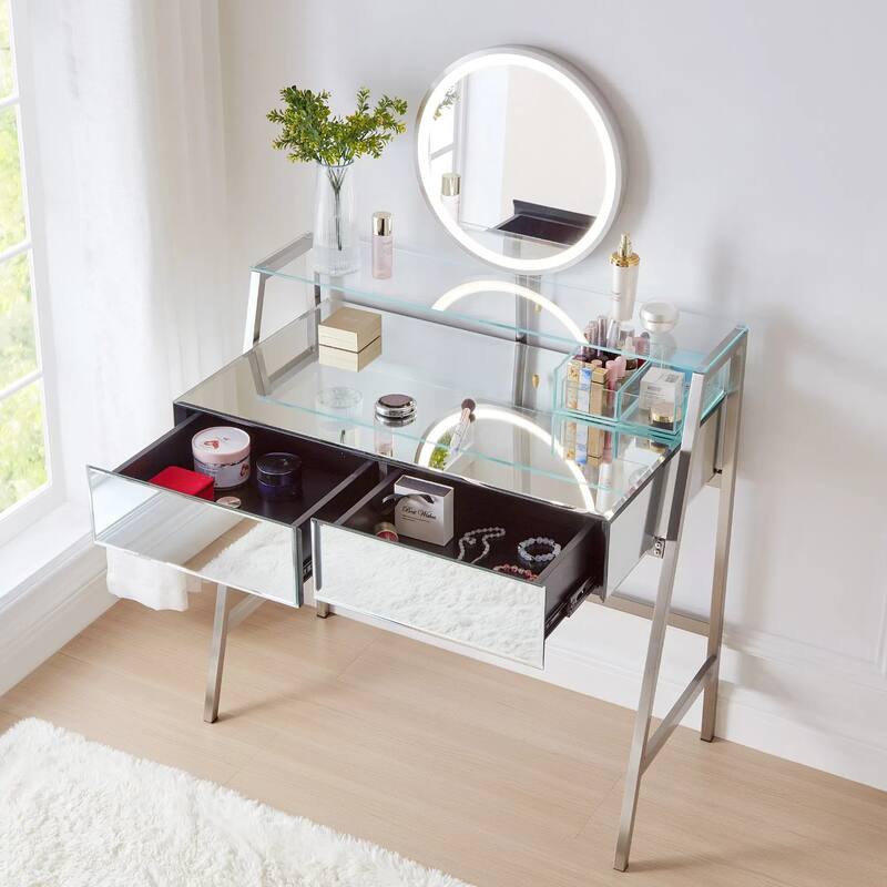 33.9" Mirrored Makeup Vanity Desk with Mirror and Lights - Silver