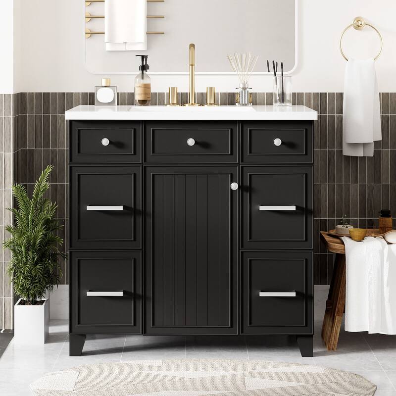 Modern 36-Inch Free-Standing Vanity with Single Sink, Storage Drawers & Adjustable Shelf