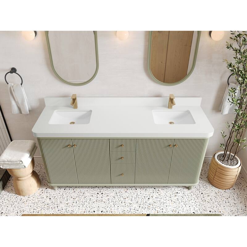 Willow Collections 72 in. W x 22 in. D Reeded Miami Double Bowl Sink Bathroom Vanity with Countertop - 2”White Quartz\ - Evergreen