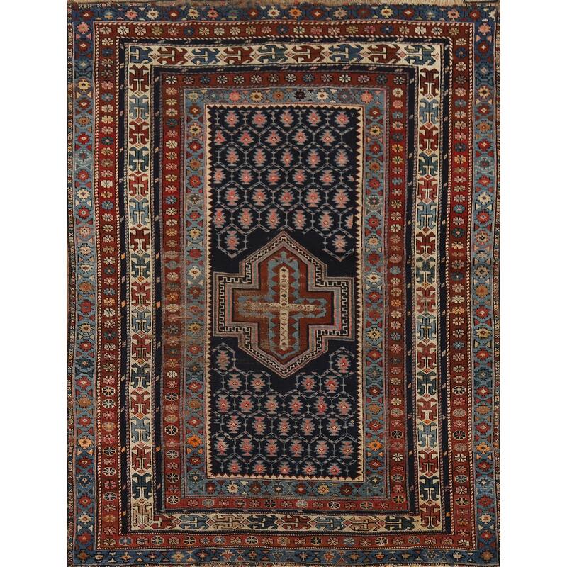 Pre-1900 Antique Kazak Vegetable Dye Foyer Rug Handmade Wool Carpet - 3'10" x 5'5"