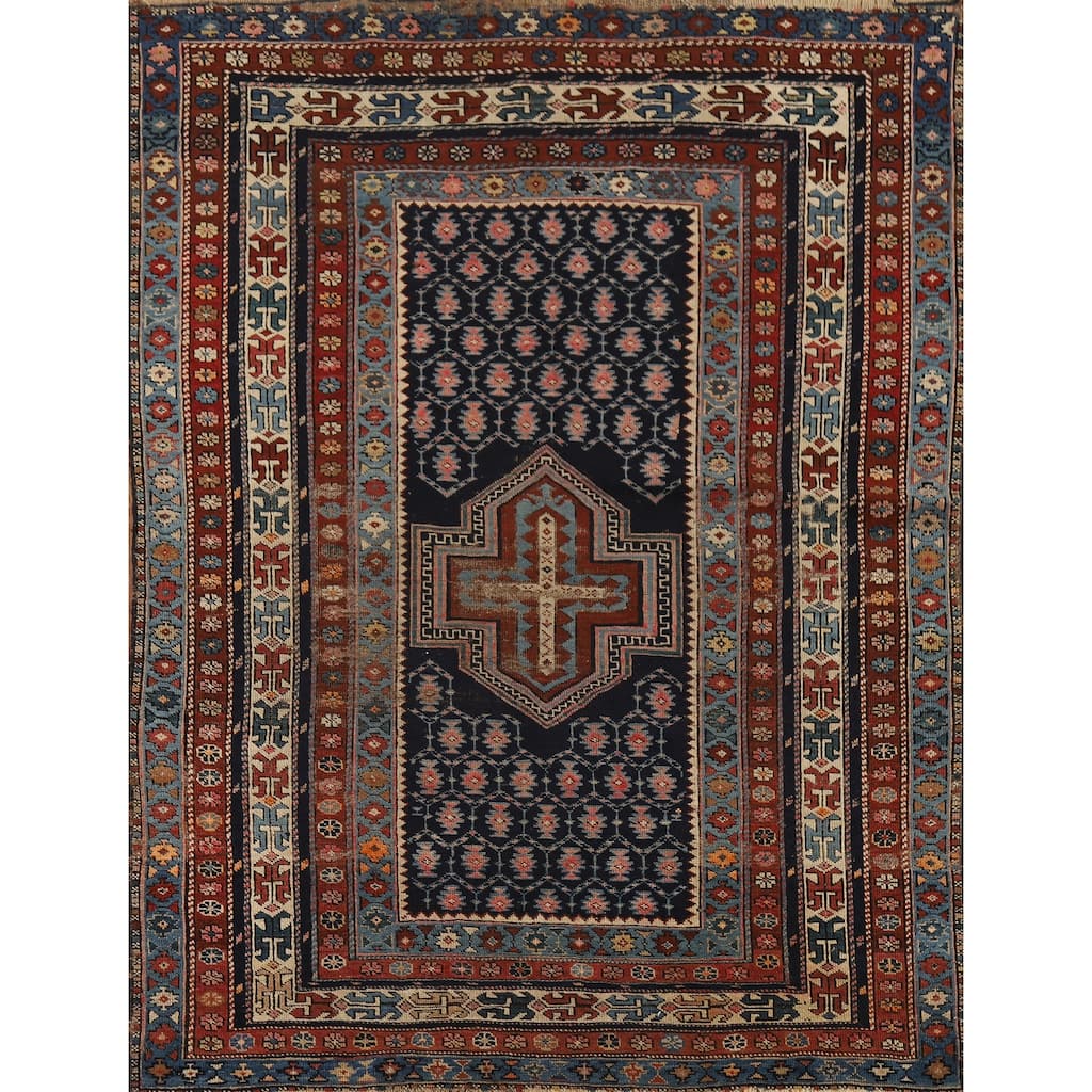 Pre-1900 Antique Kazak Vegetable Dye Foyer Rug Handmade Wool Carpet - 3'10" x 5'5"