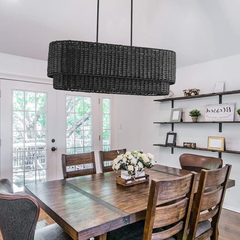 Farmhouse 3-Light Handwoven Rattan Large Shades Pendant Light for Kitchen Island