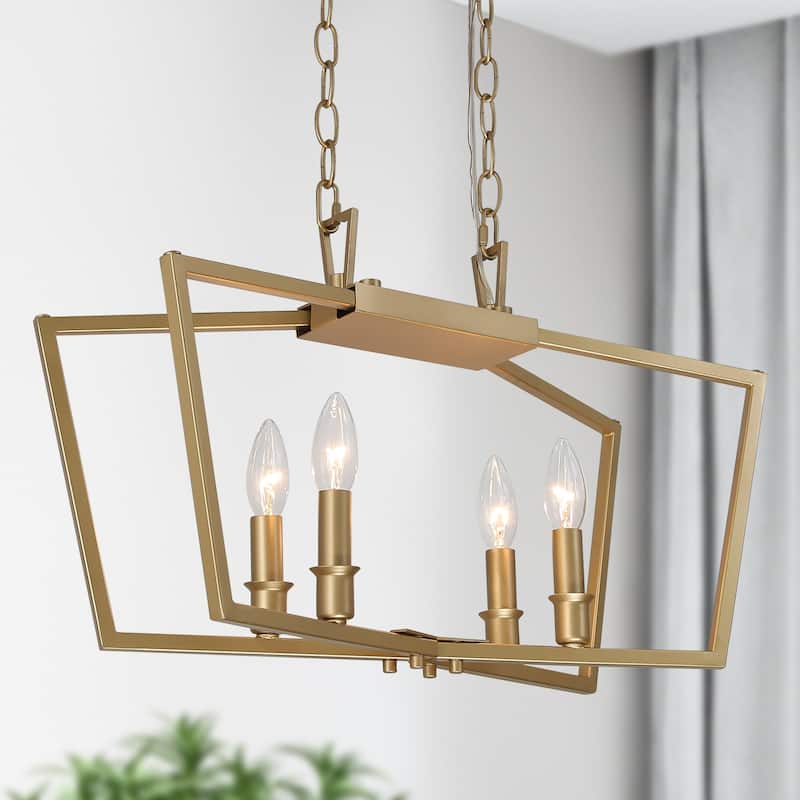 Rella Modern Gold 4-Light Cage Chandelier Candle Linear Lantern Kitchen Island Hanging Lights - L21"xW7"xH12.5"