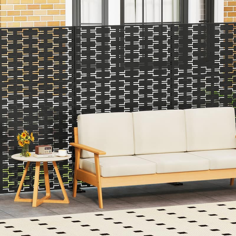 Black Metal Privacy Screen Panel with Freestanding Base and Decorative Design - 48" x 16" x 72" (L x W x H)