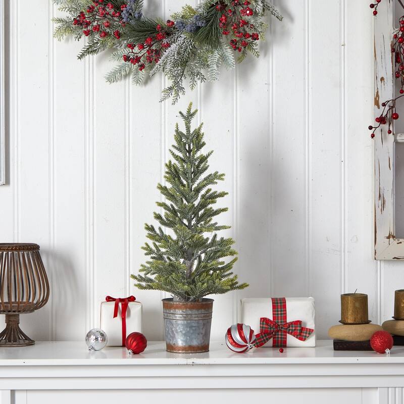 26in Christmas Tree with Lights - Small Prelit Holiday Tree in Metal Planter - Festive Home Decor - Green - 26