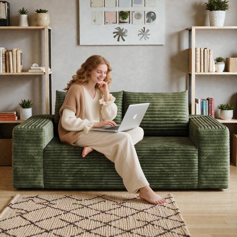 63" Corduroy 2-Seater Sofa, Deep Seat Comfy Loveseat Couch, No-Assembly Soft Fabric Sofa for Living Room & Apartments