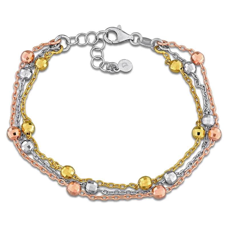 Miadora Triple Row Facetted Bead Curb Link Bracelet Three-Tone Sterling Silver