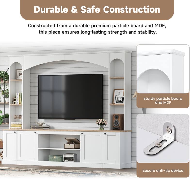 91" Arched Entertainment Center TV Stand with Bookshelves, Farmhouse Media Console, Large Wood Wall Unit for TVs Up to 70"