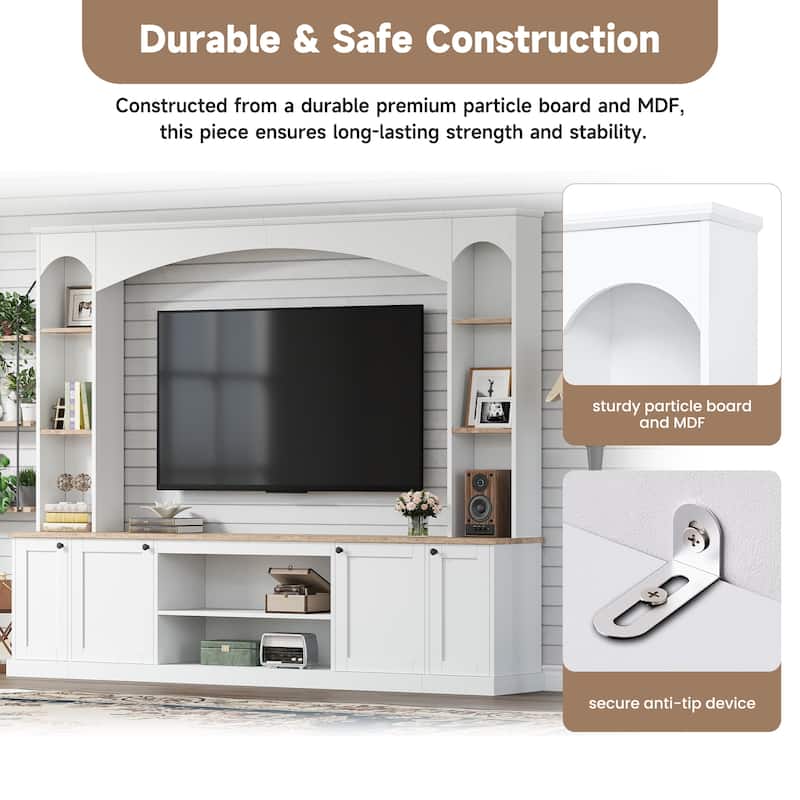 91" Farmhouse Arched Entertainment Center for TVs Up to 70" - Wood Grain TV Stand with Bookshelf & Adjustable Shelves