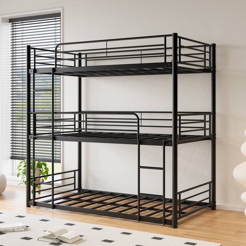 Black Twin Metal Bunk Bed with Trundle, Ladder, and Full-Length Guardrail